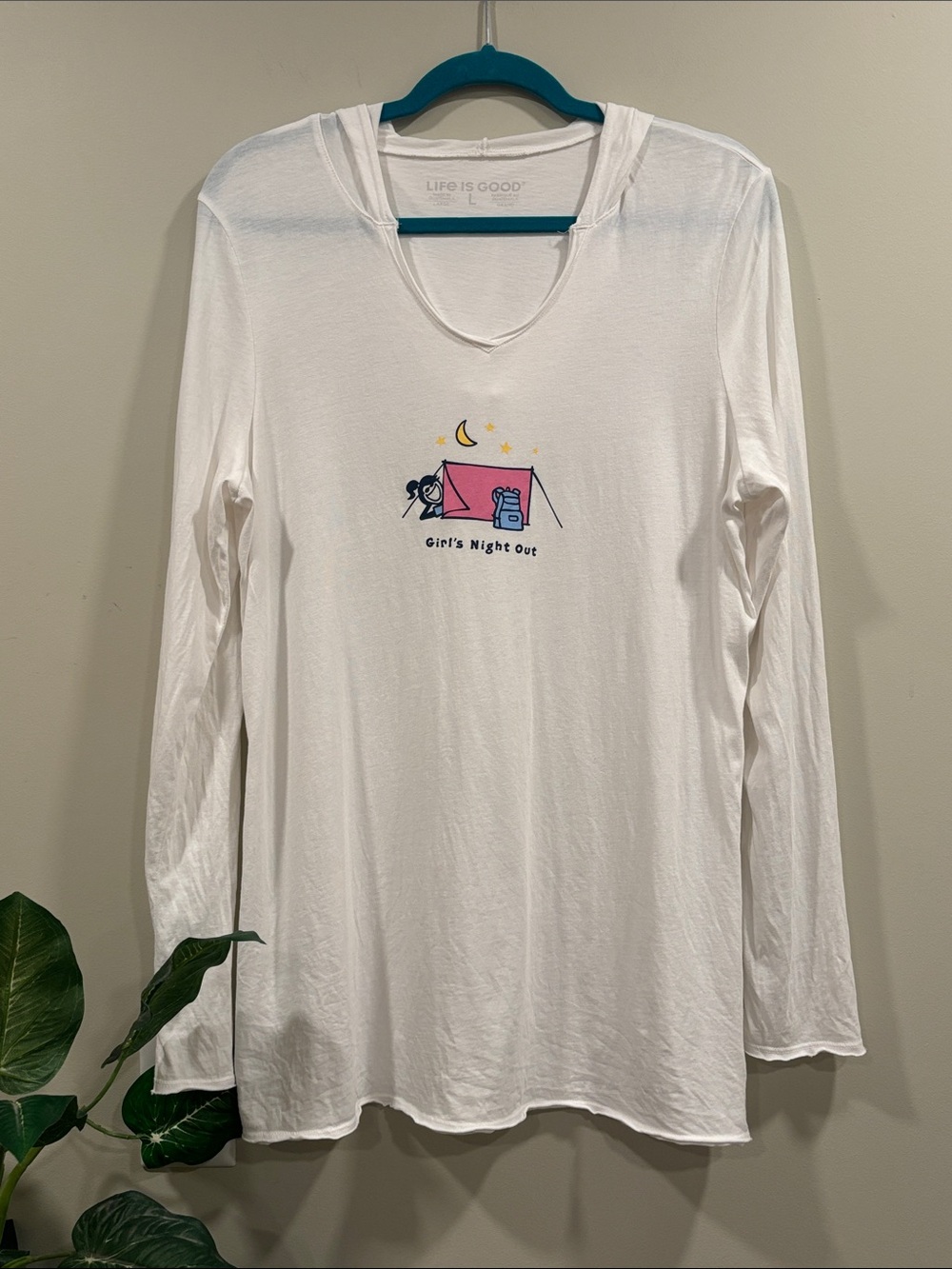 Life Is Good White Long Sleeve Hooded Tee with Pink Tent GIrls' Night Out